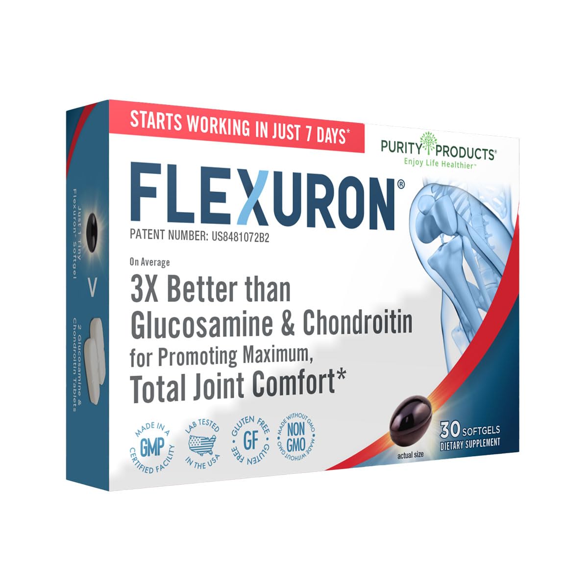 Purity Products Flexuron frente del empaque mostrando la cápsula y beneficios