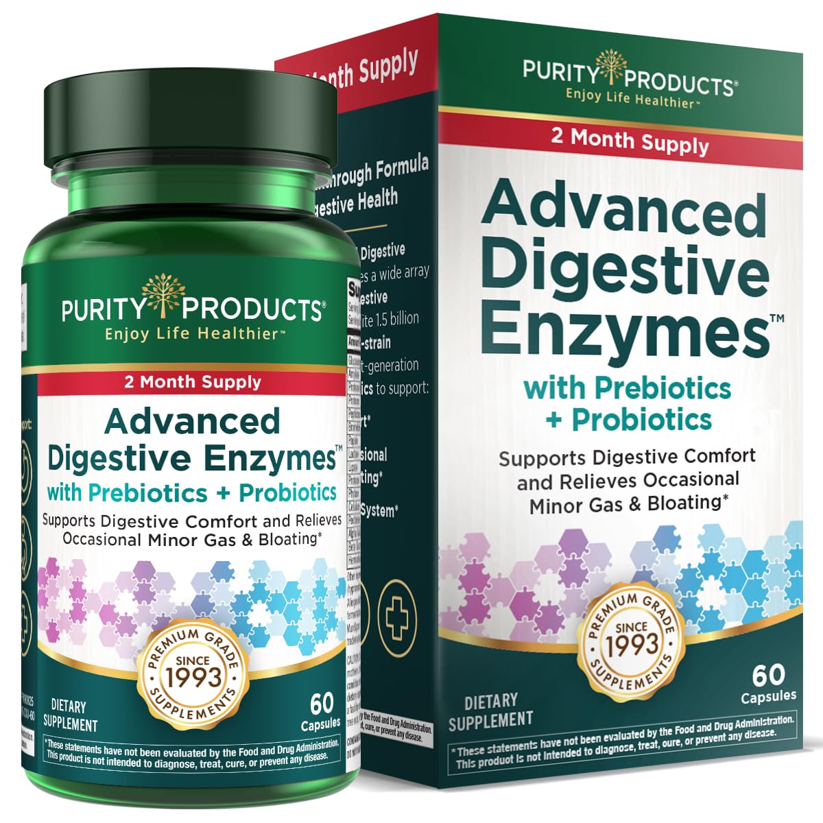 Purity Products frente del empaque mostrando 60 cápsulas y beneficio digestivo