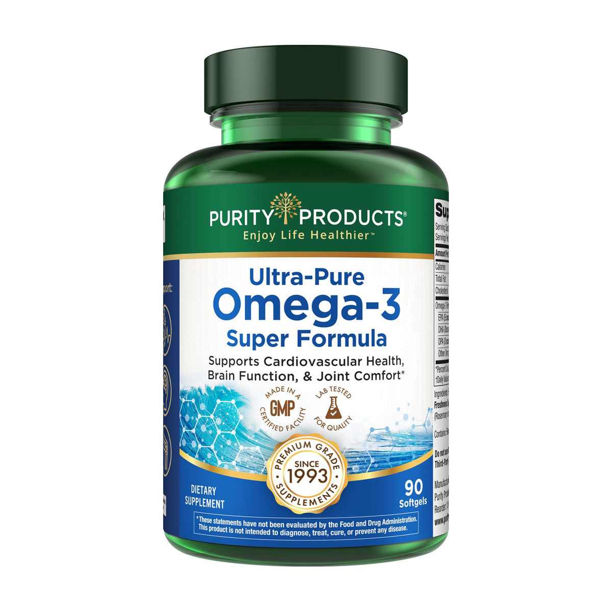 Purity Products frente del envase mostrando 90 softgels y beneficios visibles