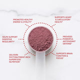 Purity Products vaso con Super Reds listo para beber y aporte antioxidante