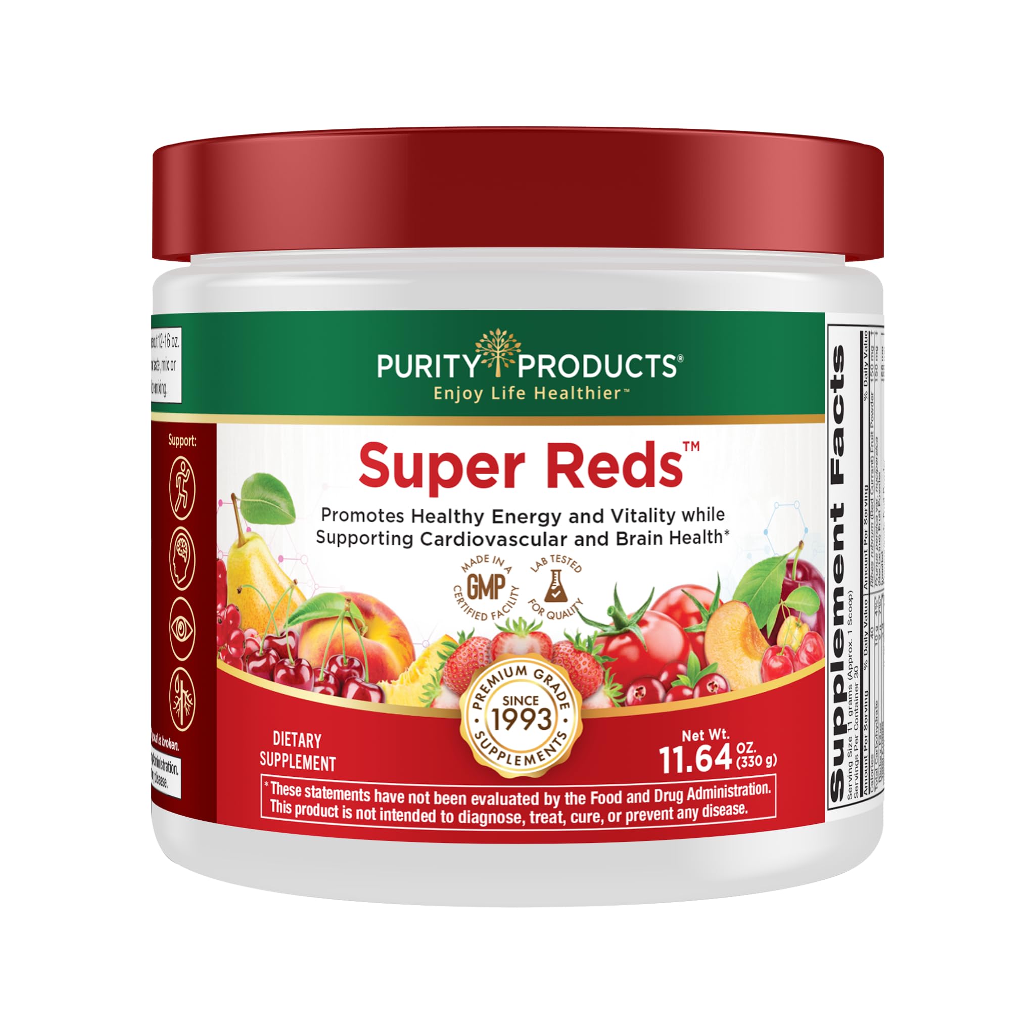 Purity Products empaque frontal destacando mezcla superfood y beneficios