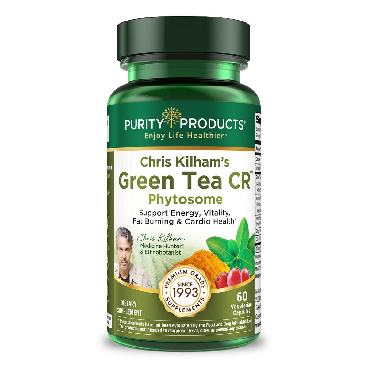 Purity Products frasco frontal del té verde CR mostrando etiqueta y tamaño