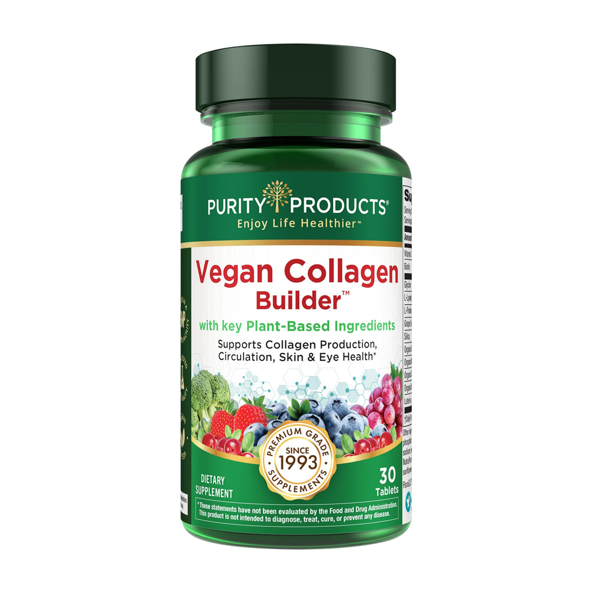 Purity Products embalaje frontal mostrando tabletas veganas y beneficios visibles