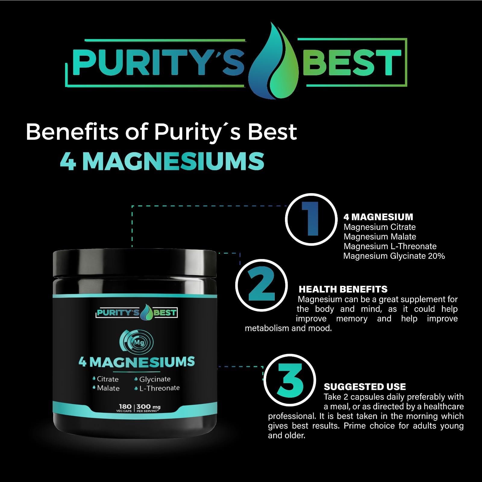 Purity's Best etiqueta con ingredientes destacando pureza y pruebas de laboratorio