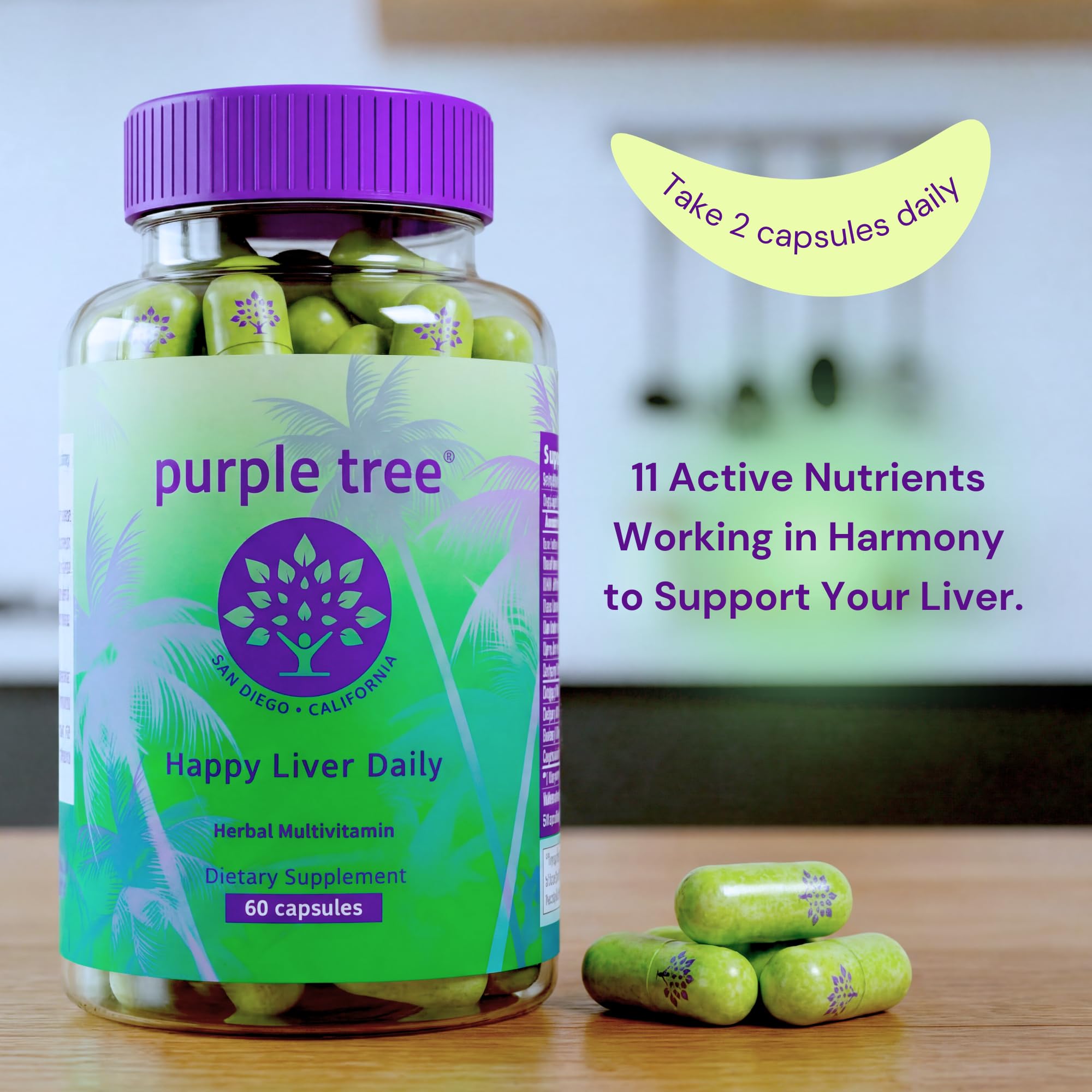 Purple Tree primer plano de cápsulas veganas resaltando textura y pureza