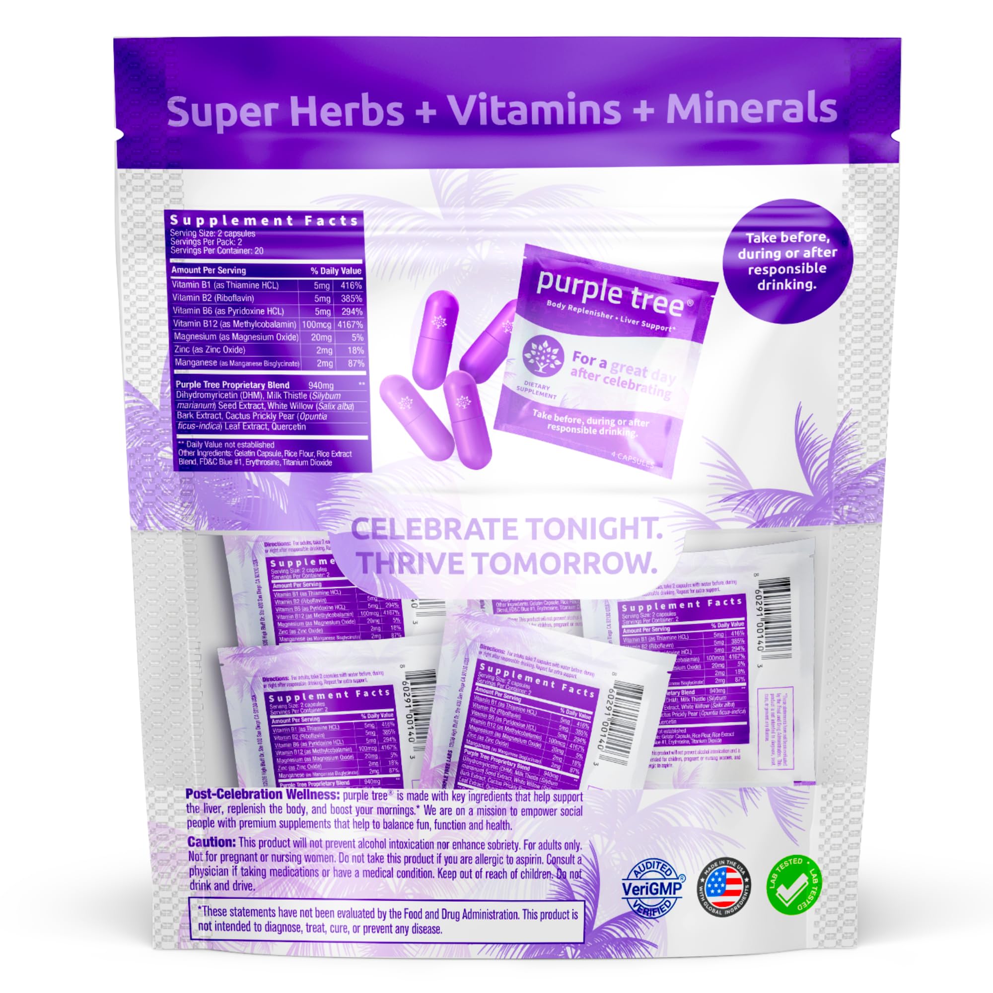 Purple Tree etiqueta informativa ampliada, claridad sobre ingredientes y dosificación