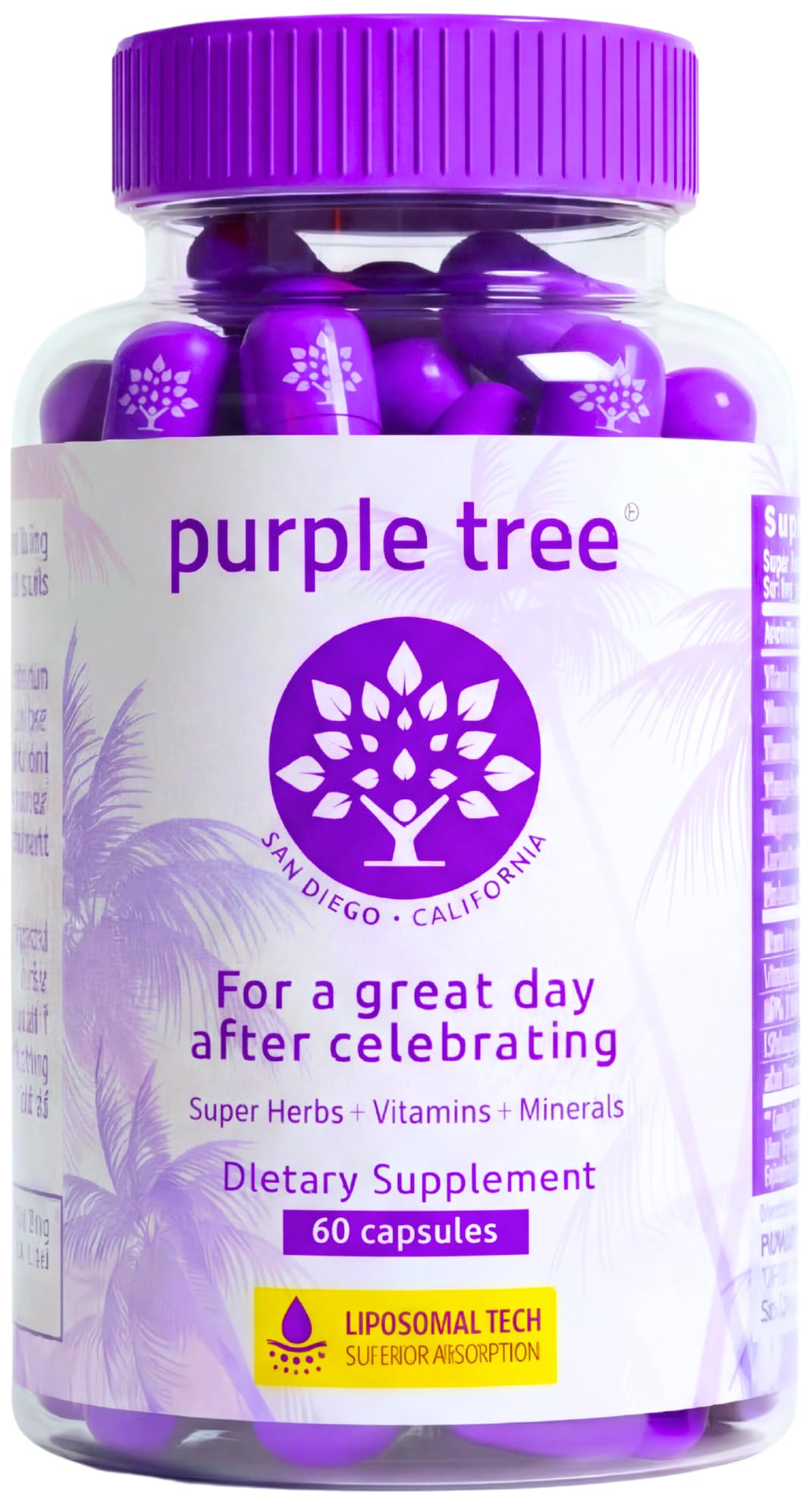 purple tree frasco frontal mostrando etiqueta y beneficio de recuperación