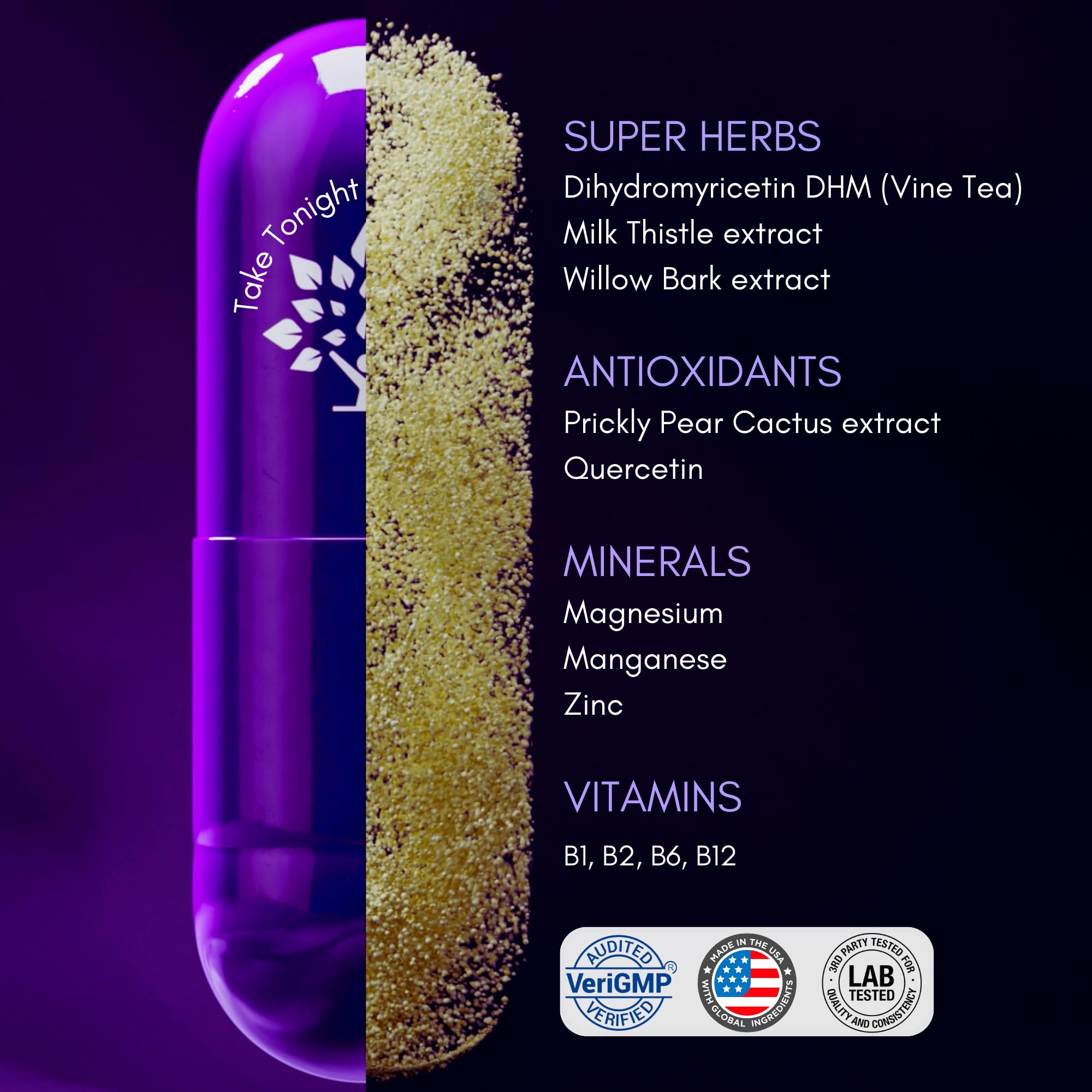 Purple Tree ingredientes naturales display, muestra DHM y cardo mariano como apoyo