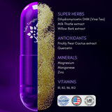 Purple Tree ingredientes naturales display, muestra DHM y cardo mariano como apoyo