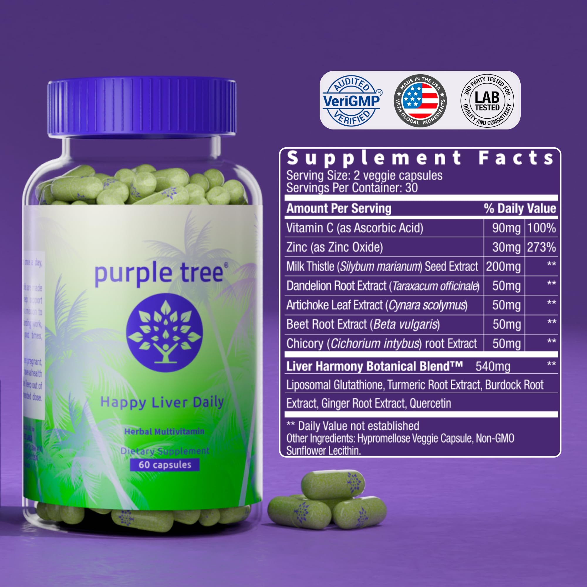 Purple Tree suplemento junto a un vaso de agua en cocina para uso diario