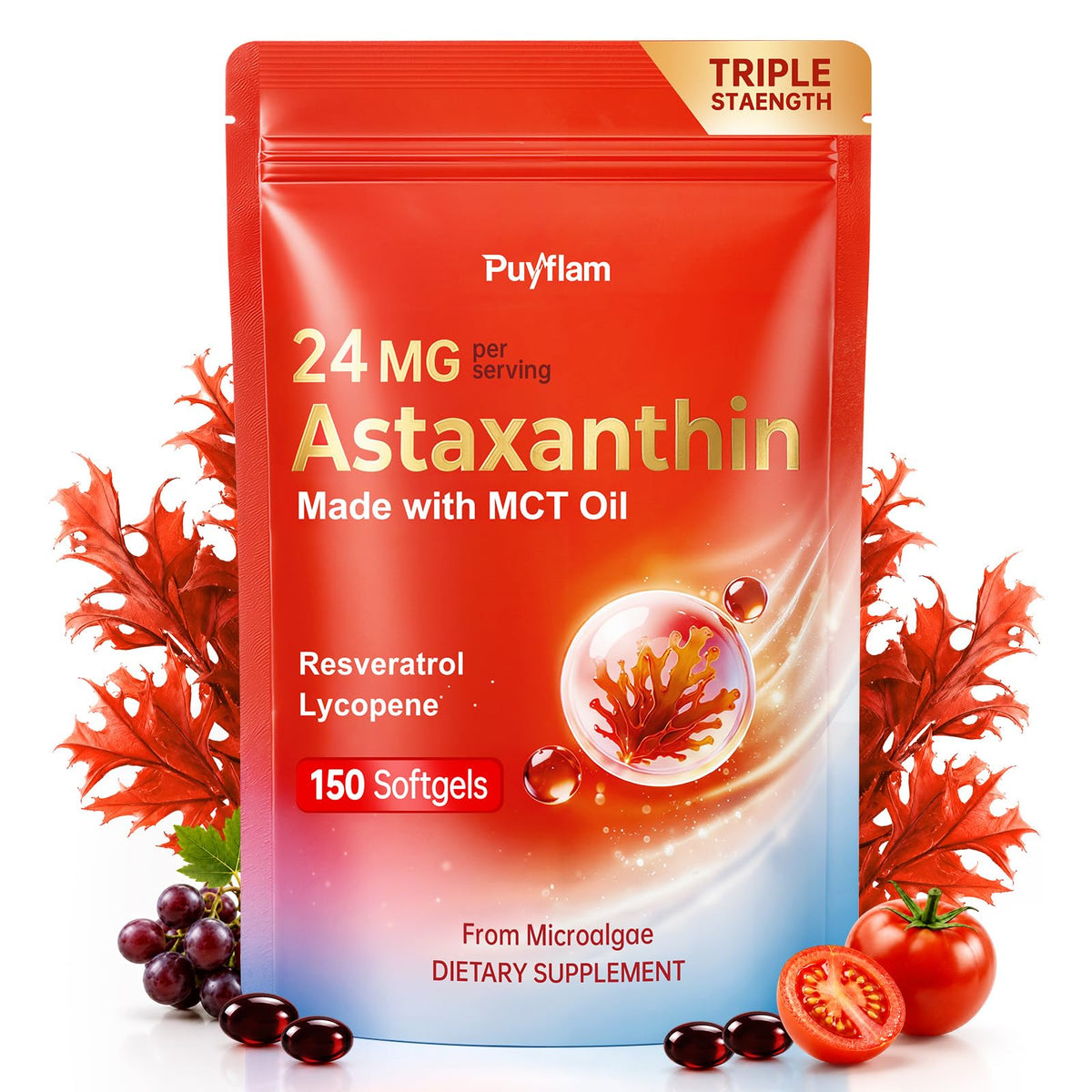 Puyflam botella frontal del producto mostrando 150 softgels y etiqueta clara