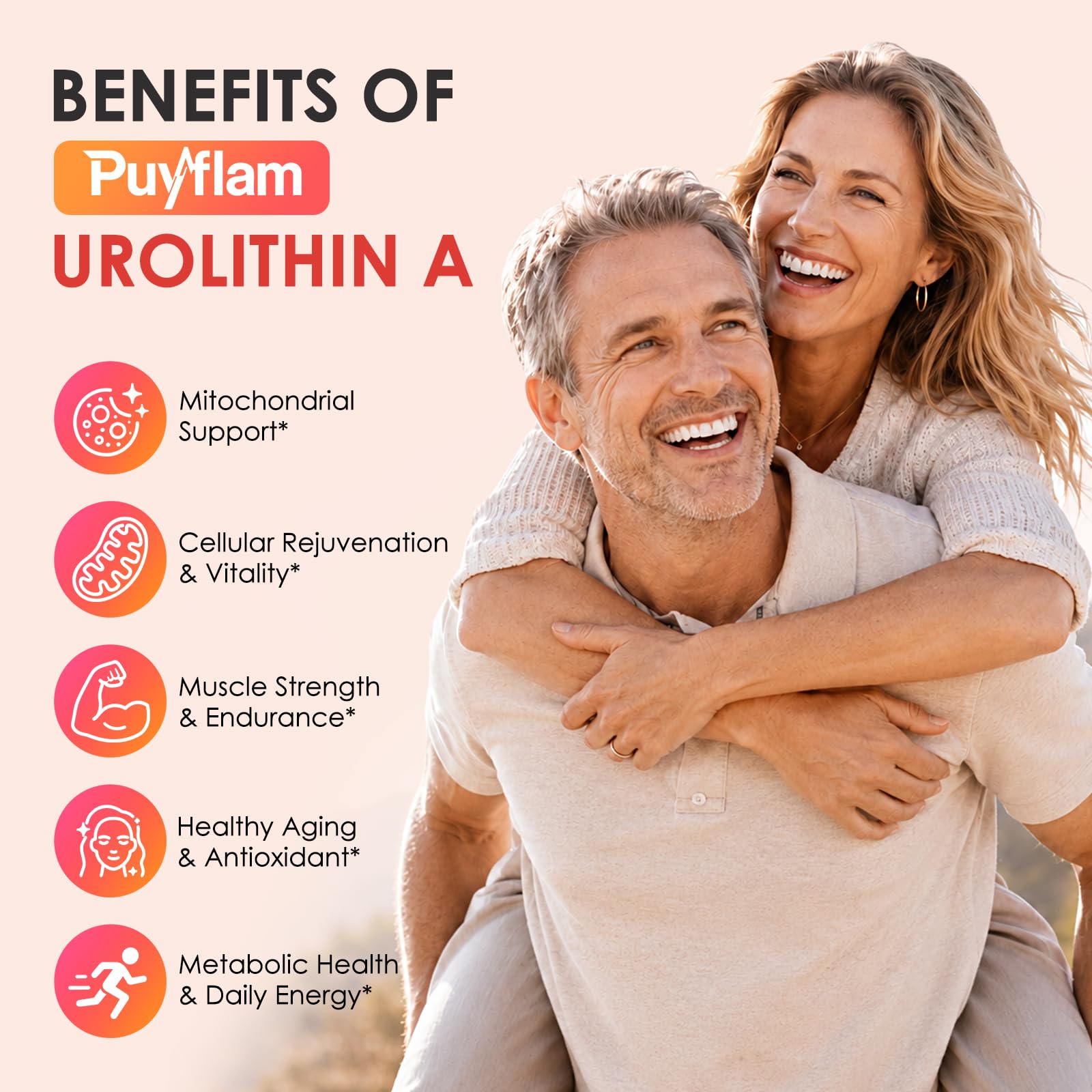 Puyflam etiqueta con ingredientes 4 en 1 destacando urolithin A y cofactores