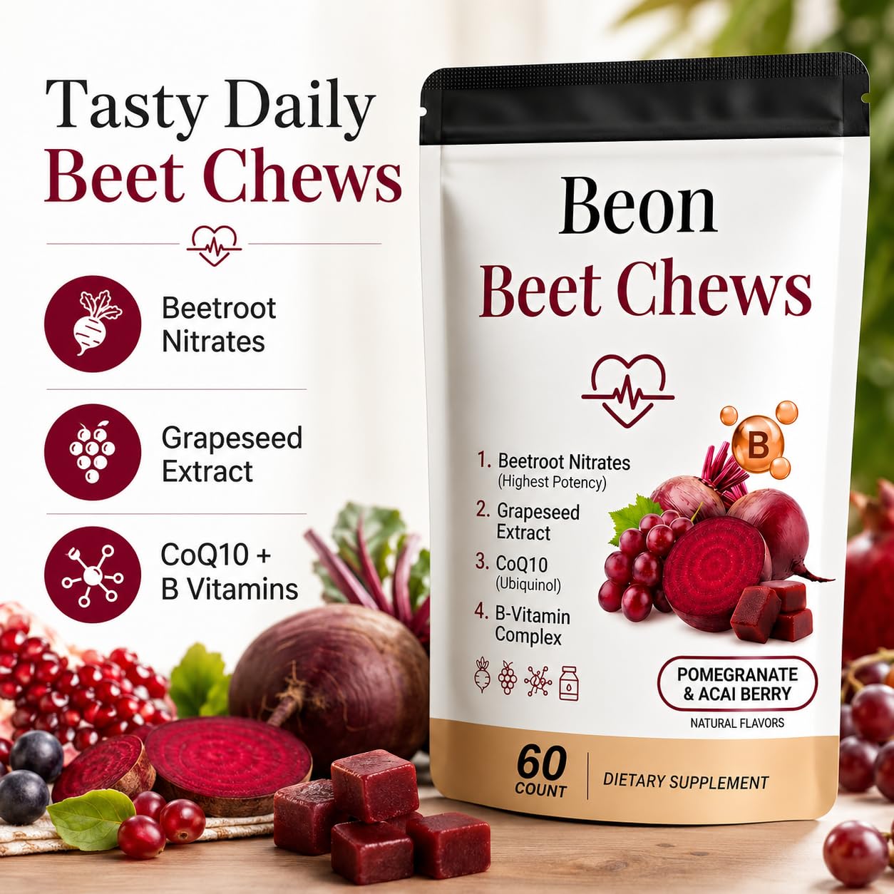 puyode tarro abierto de Beon Beet Chews con gomitas listas para tomar