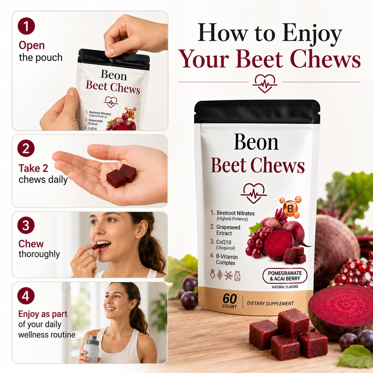 puyode gomita Beon Beet Chews en mano mostrando tamaño real y conveniencia