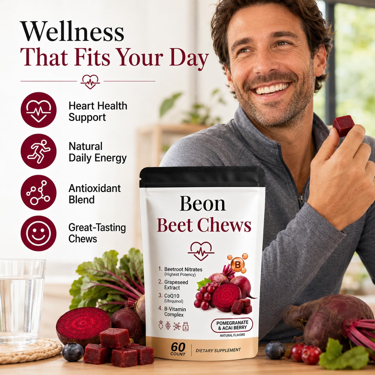 puyode etiqueta nutricional de Beon Beet Chews con información visible