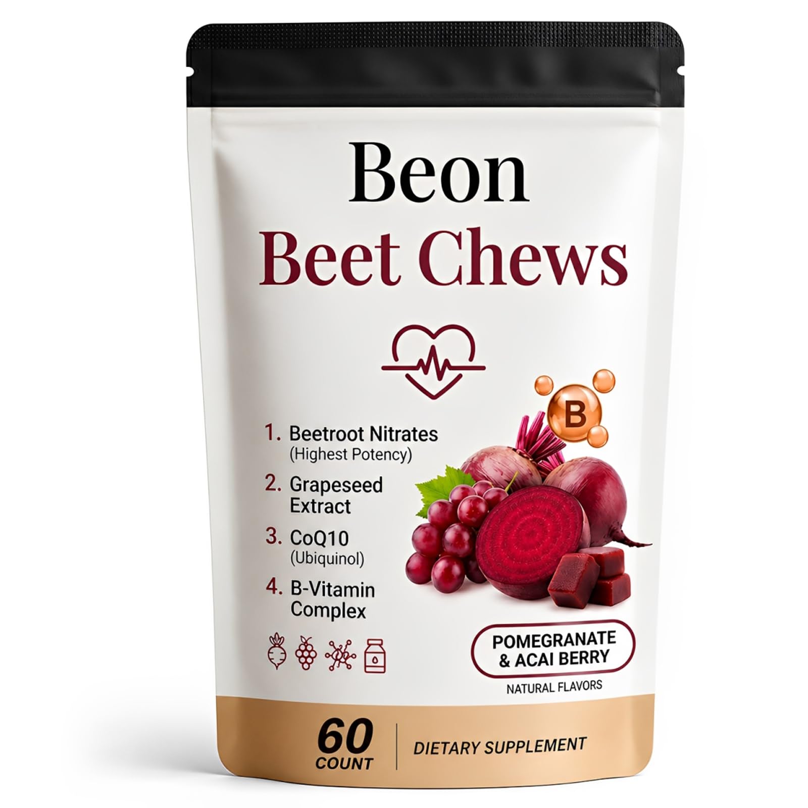 puyode envase frontal de Beon Beet Chews mostrando 60 gomitas y diseño claro