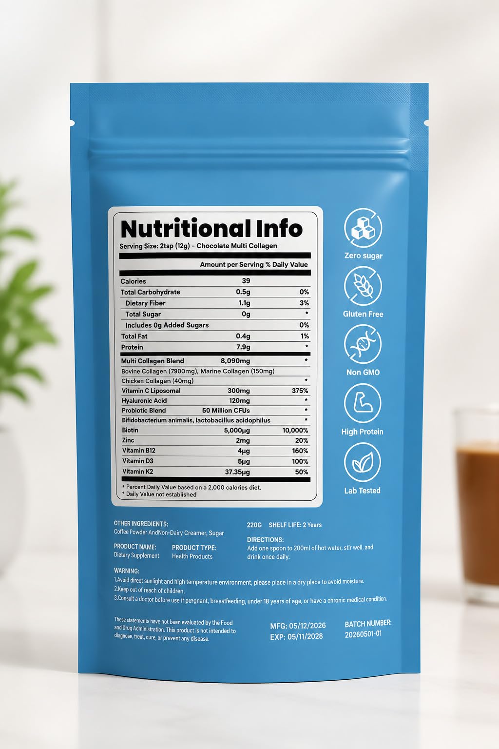 PVSNXEW etiqueta con lista de ingredientes y soporte de colágeno multifuente