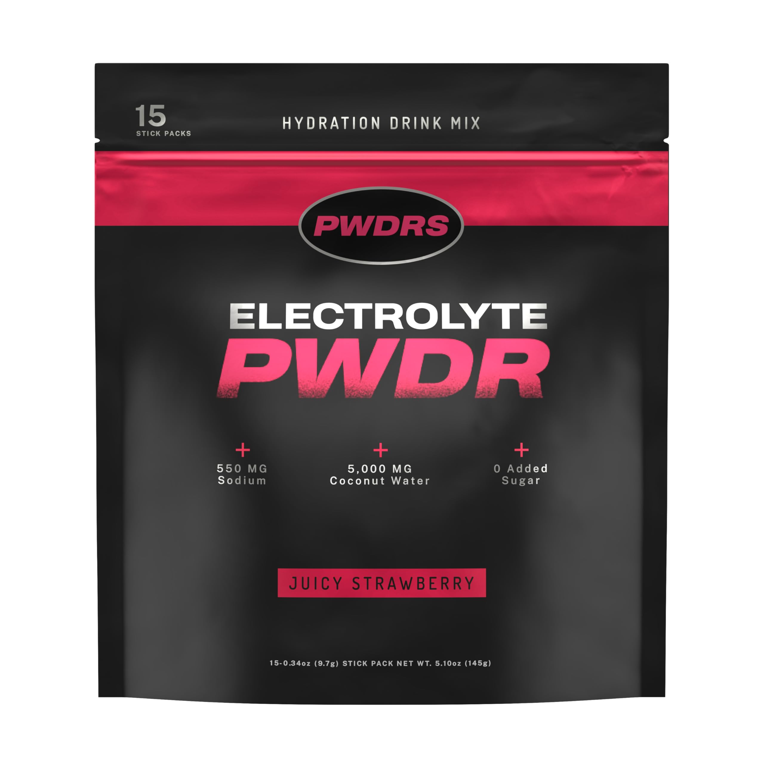 PWDRS envase frontal Juicy Strawberry mostrando beneficios y formato práctico