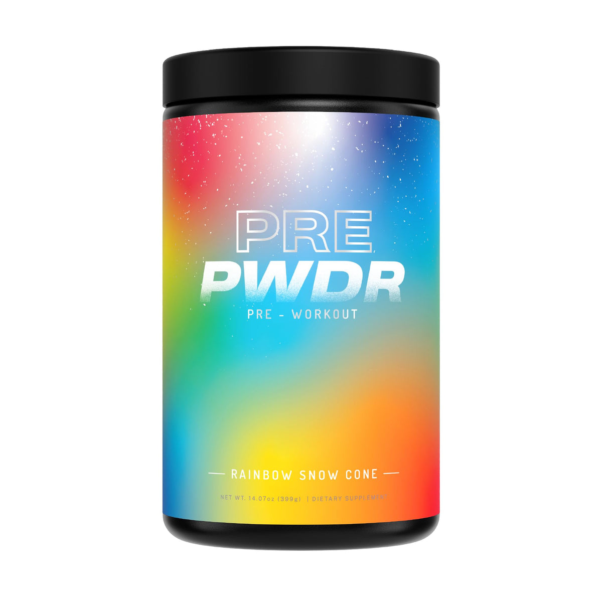 PWDRS envase frontal Rainbow Snowcone mostrando presentación y beneficios