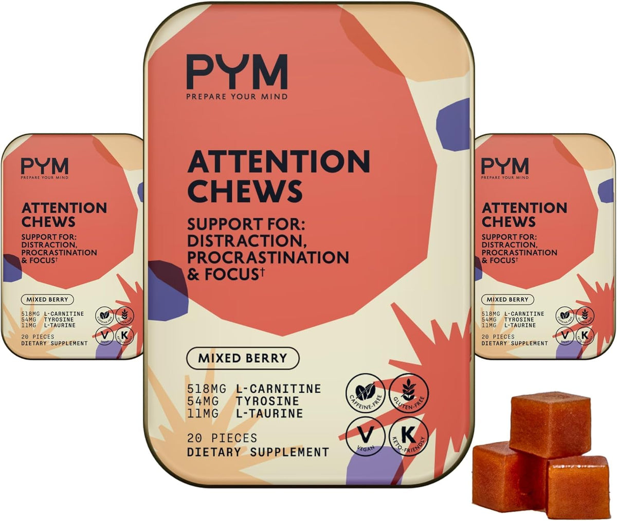 PYM Health frasco frontal del producto mostrando diseño y cantidad de chews