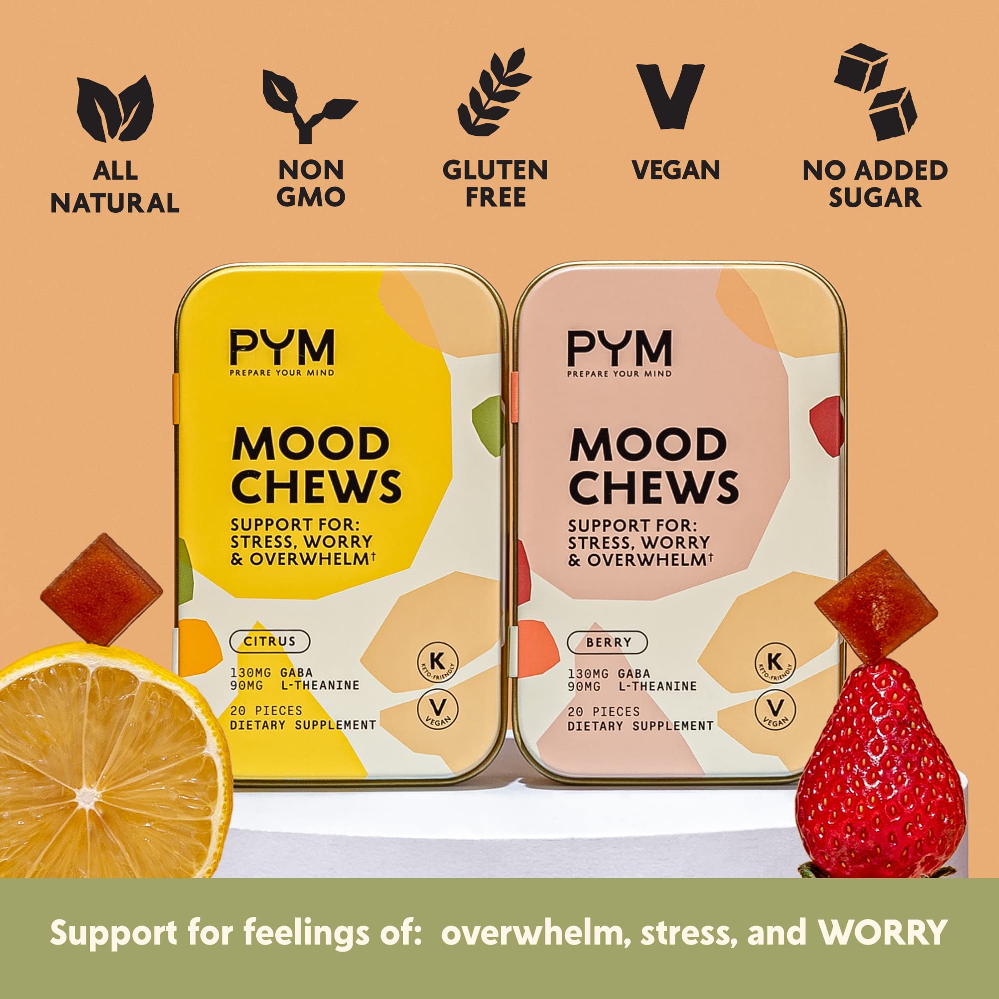 PYM etiqueta de ingredientes clara con GABA y L‑Theanine destacados