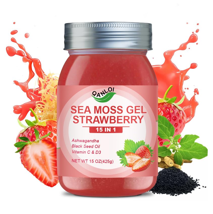 QANLOI envase frontal del gel de sea moss fresa, presentación clara y atractiva