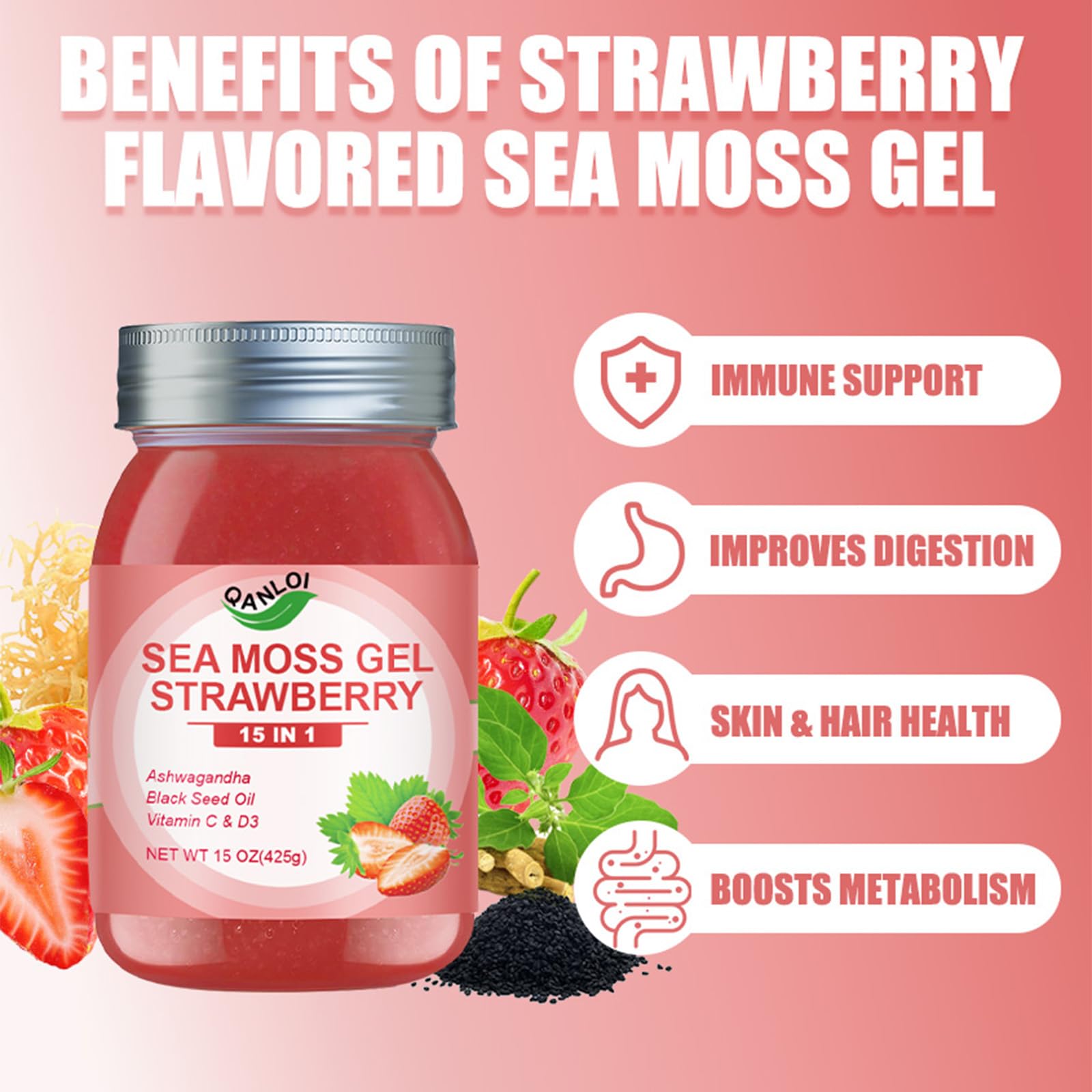 QANLOI textura cercana del gel de sea moss fresa, apariencia suave y fácil de mezclar