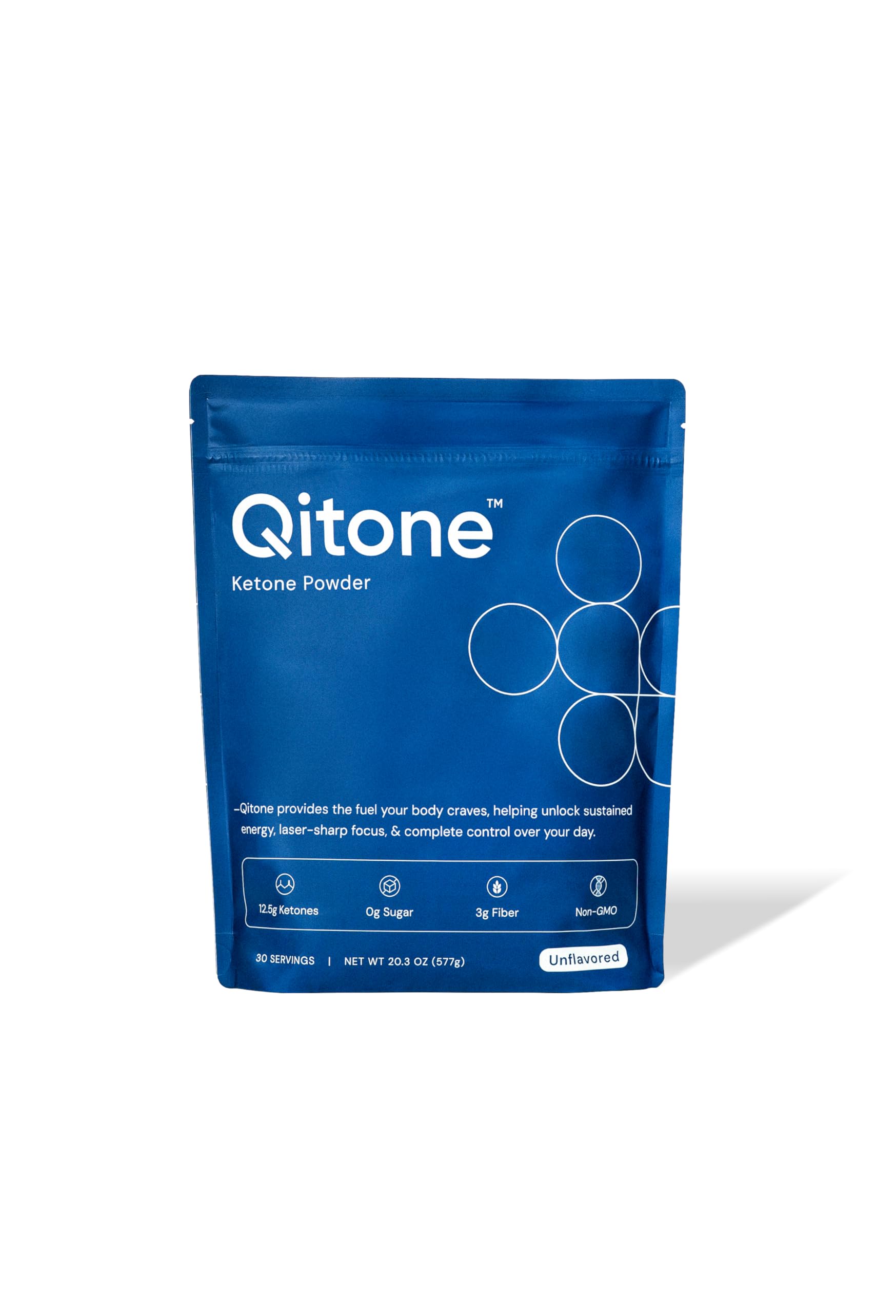 Qitone frasco frontal con etiqueta clara y beneficios de enfoque