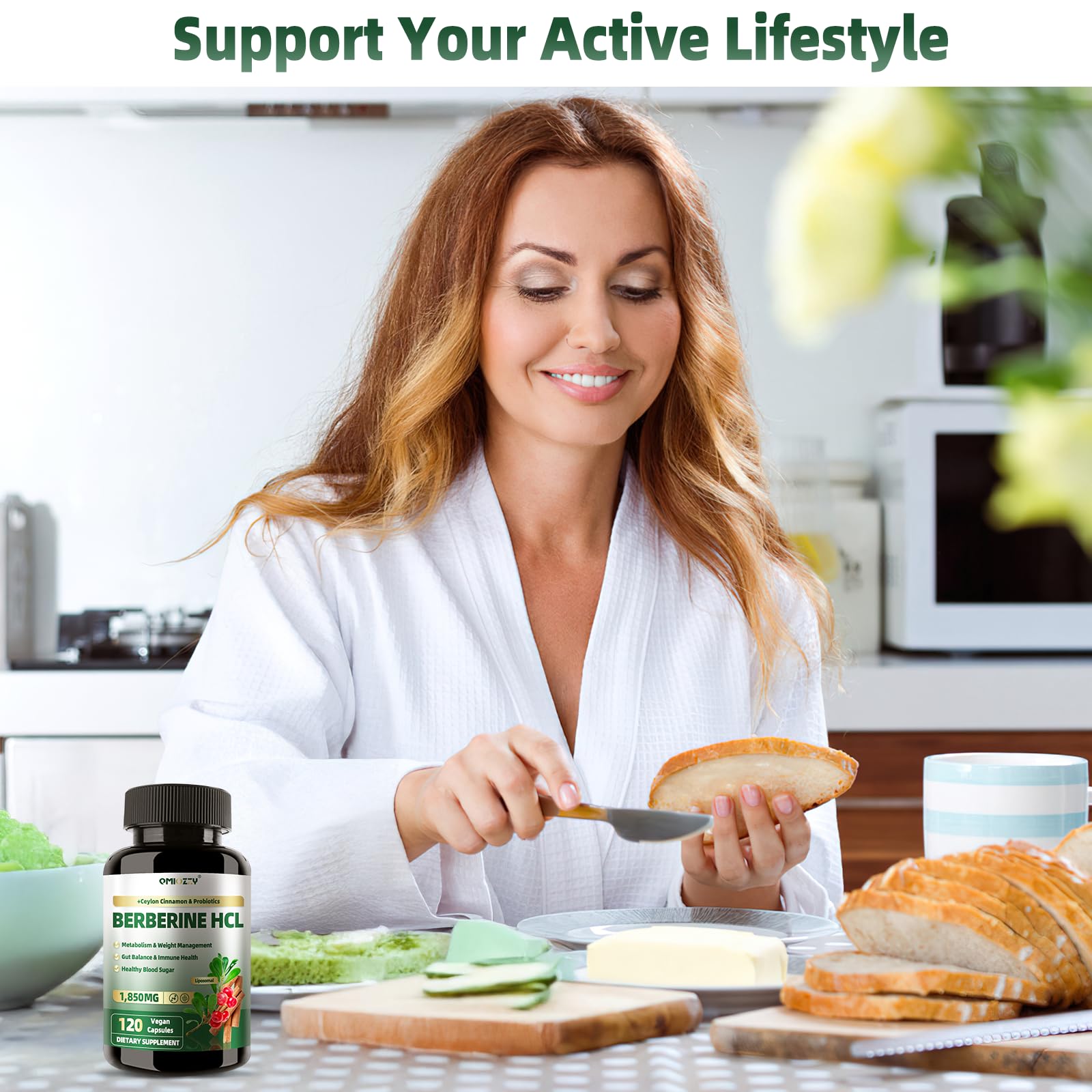 Qmiozzy escena lifestyle con suplemento y alimentos saludables para inspiración