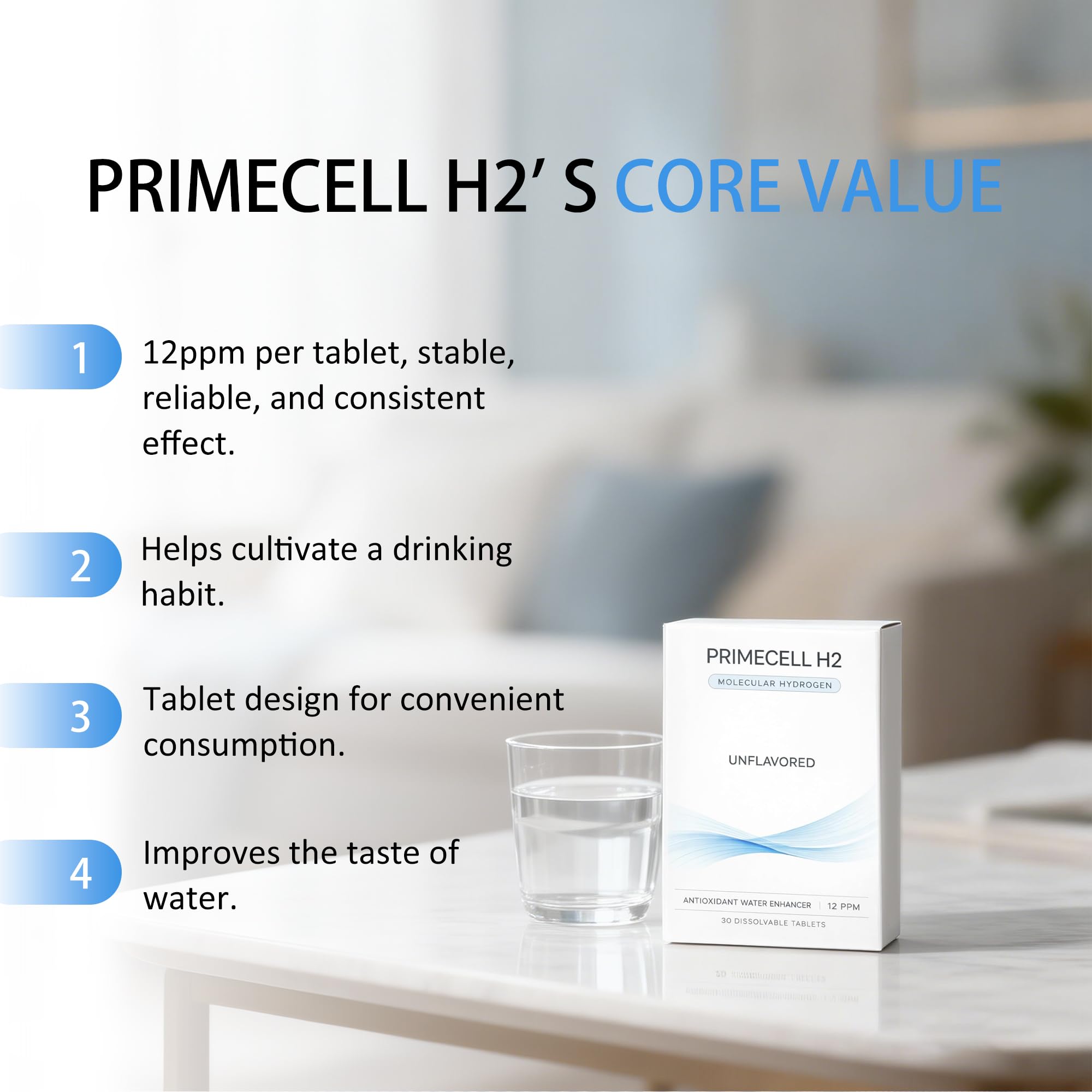 Qoenba PrimeCell H2 primer plano de la tableta, textura y disolución rápida