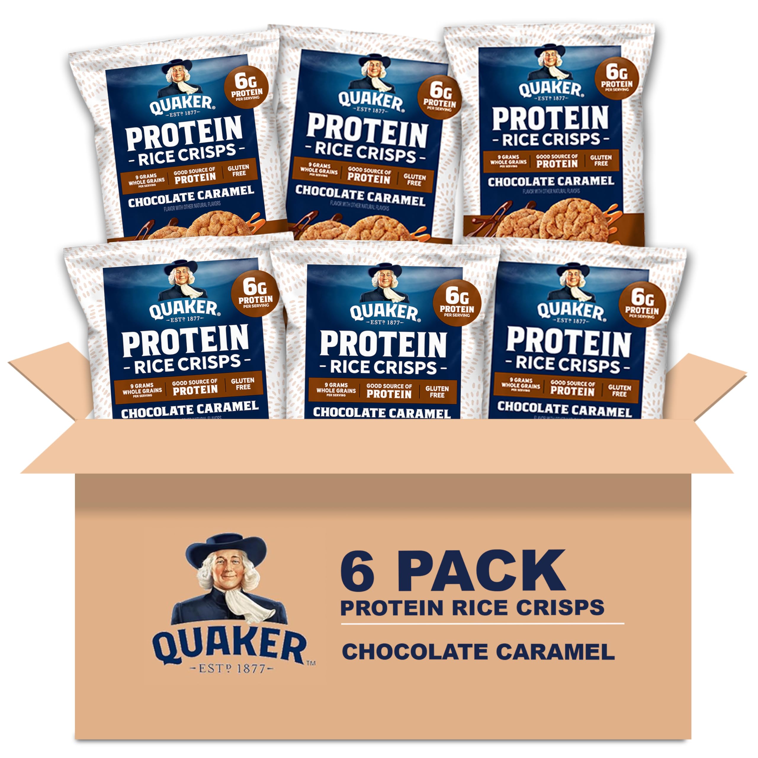Quaker frente del empaque mostrando pack de seis bolsas y beneficio portátil