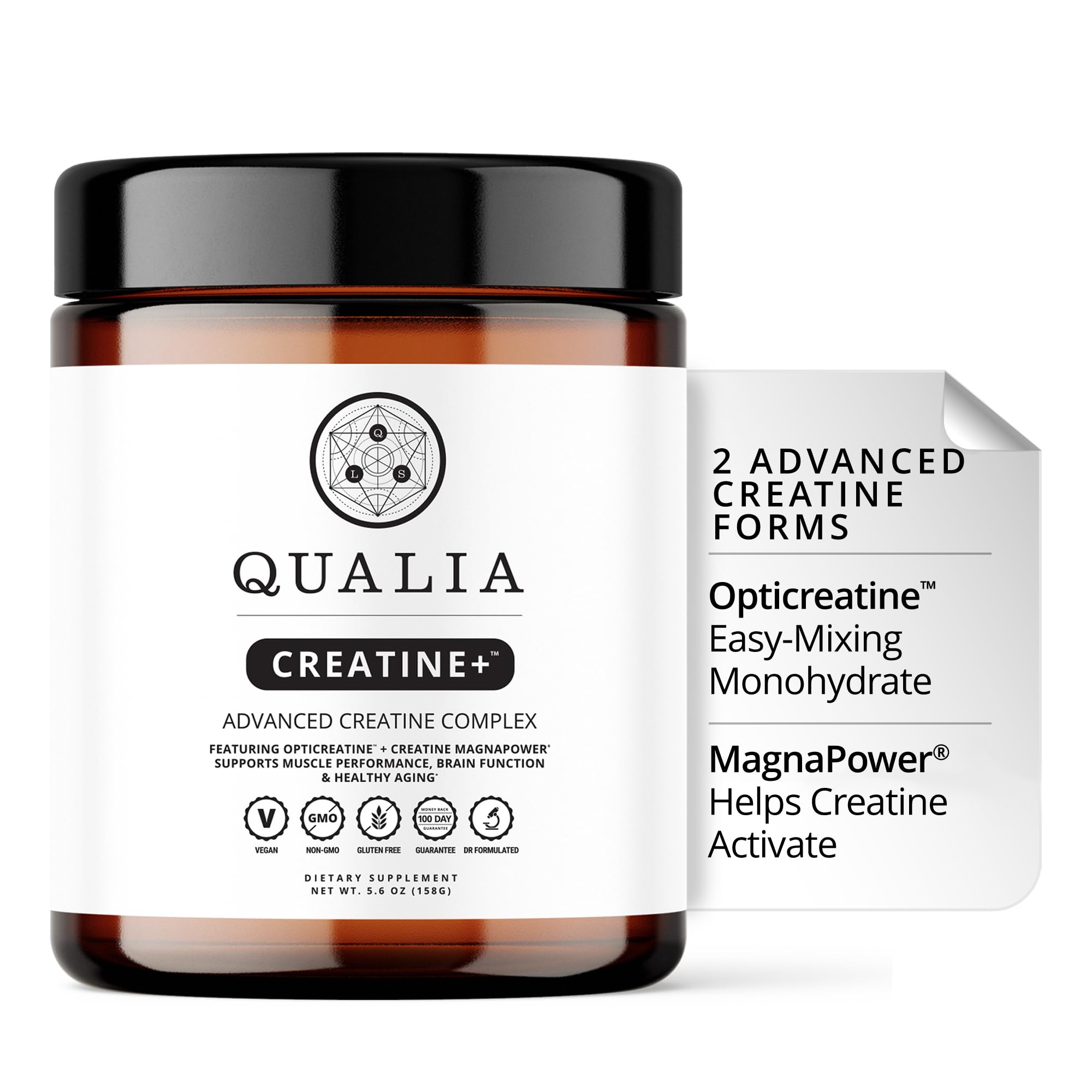 Qualia Creatine frontal del envase mostrando marca y diseño, transmite confianza