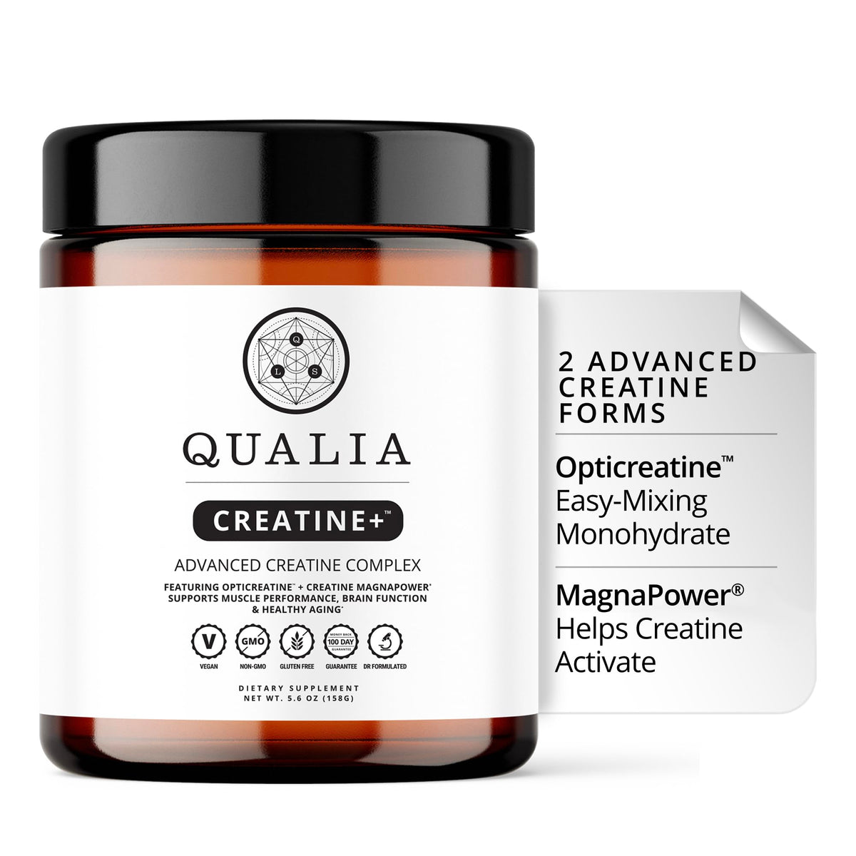 Qualia Creatine frontal del envase mostrando marca y diseño, transmite confianza