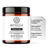 Qualia Creatine frontal del envase mostrando marca y diseño, transmite confianza