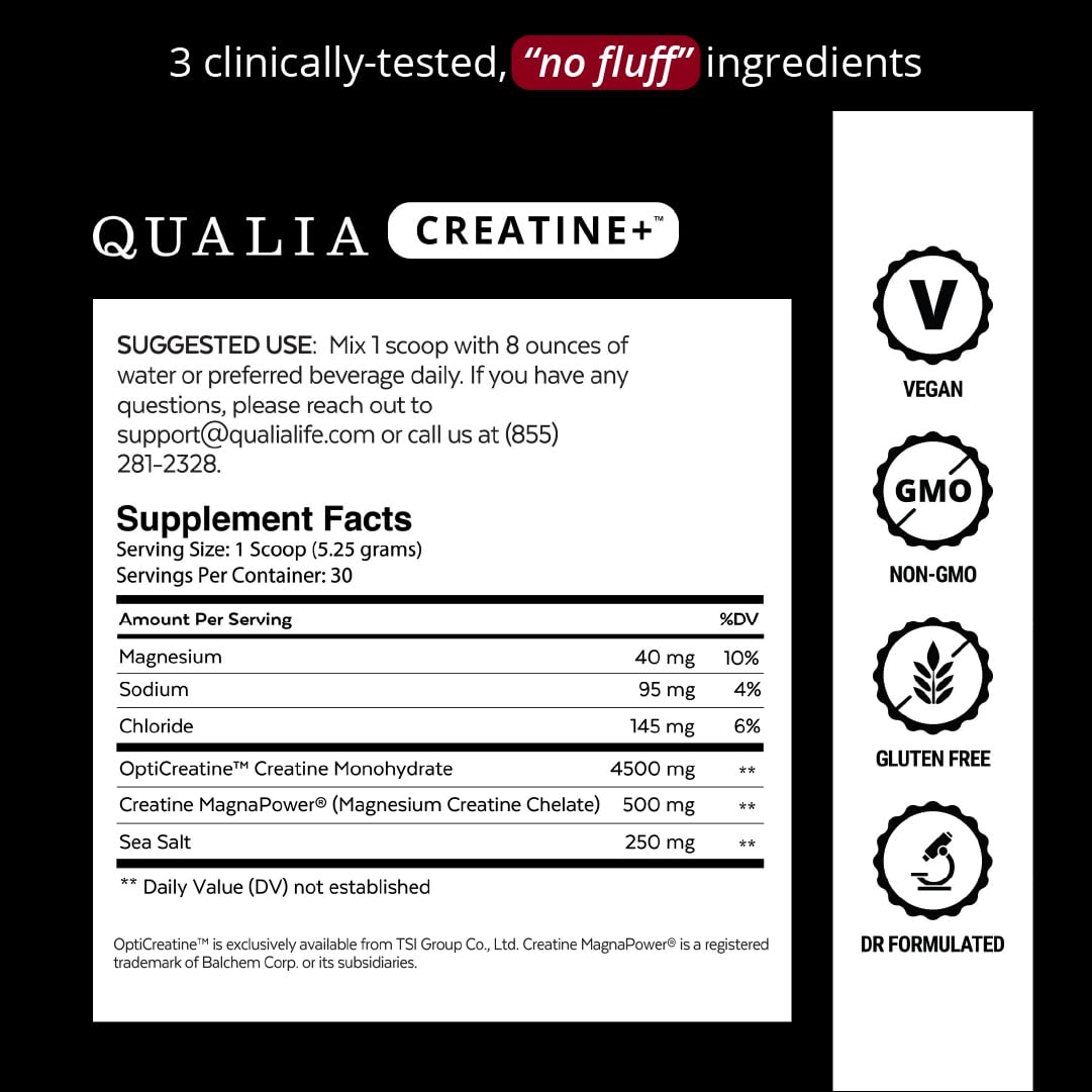 QUALIA LIFE SCIENCES etiqueta que destaca las dos fuentes de creatina y información de absorción