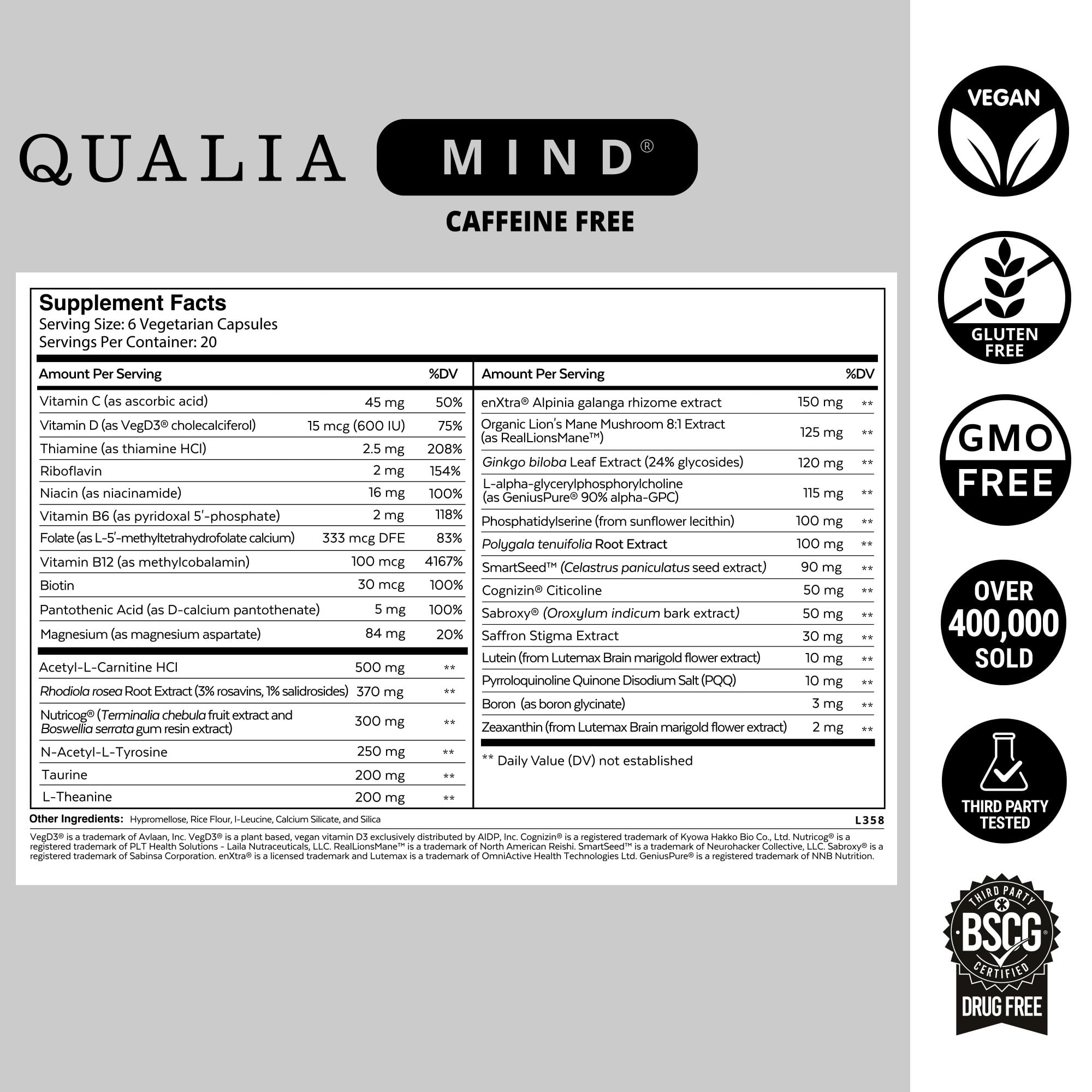 Qualia Life Sciences etiqueta detalle de ingredientes para confianza informada
