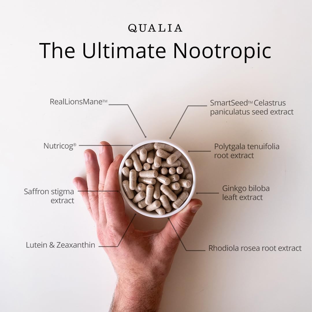 QUALIA LIFE SCIENCES frasco de Qualia Mind sobre escritorio iluminado simbolizando energía mental