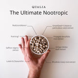QUALIA LIFE SCIENCES frasco de Qualia Mind sobre escritorio iluminado simbolizando energía mental