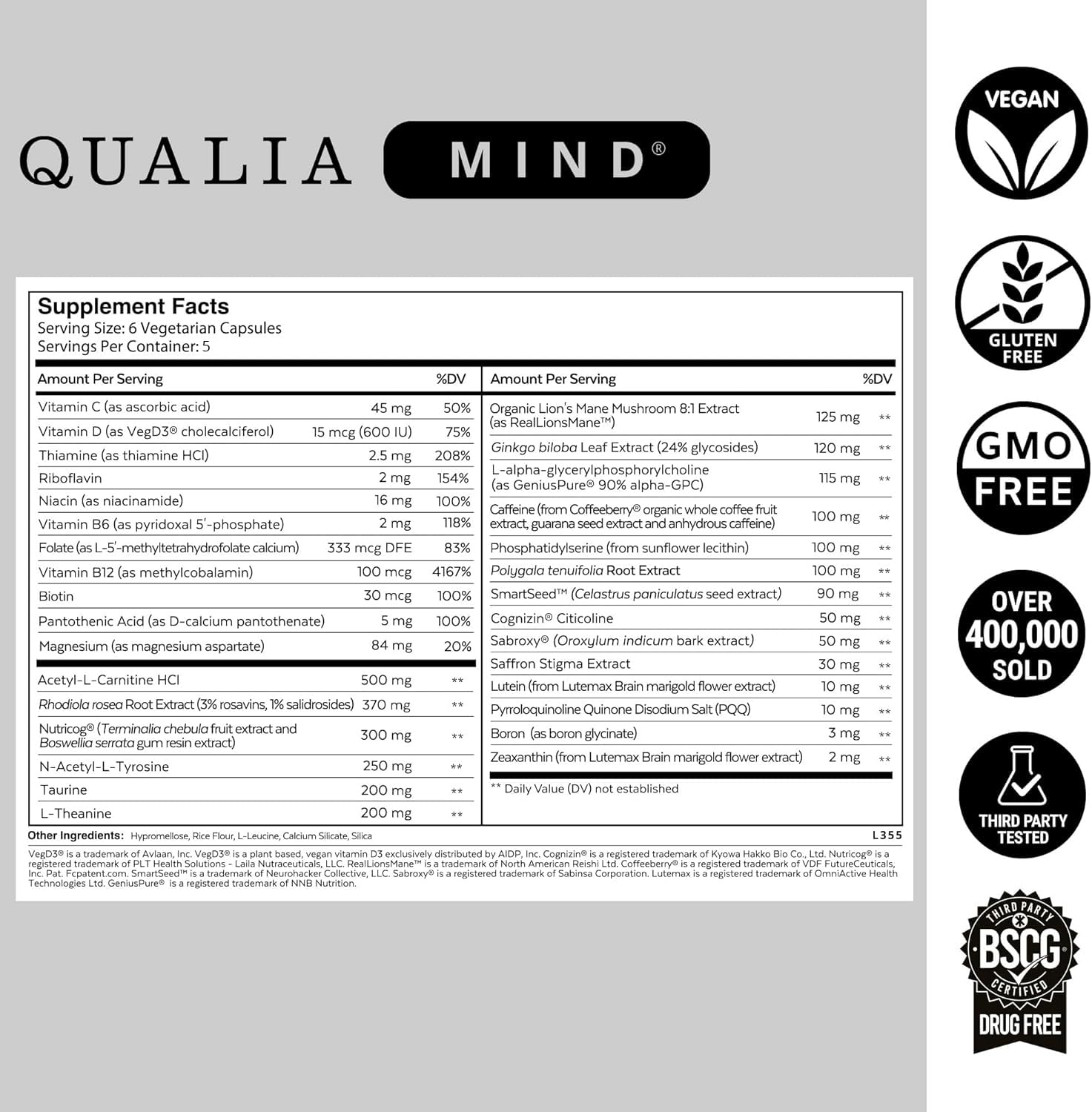 QUALIA LIFE SCIENCES primer plano de cápsulas de Qualia Mind resaltando textura y facilidad de ingestión