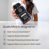 QUALIA LIFE SCIENCES frasco de Qualia Mind en mano para comparar tamaño y dosis práctica