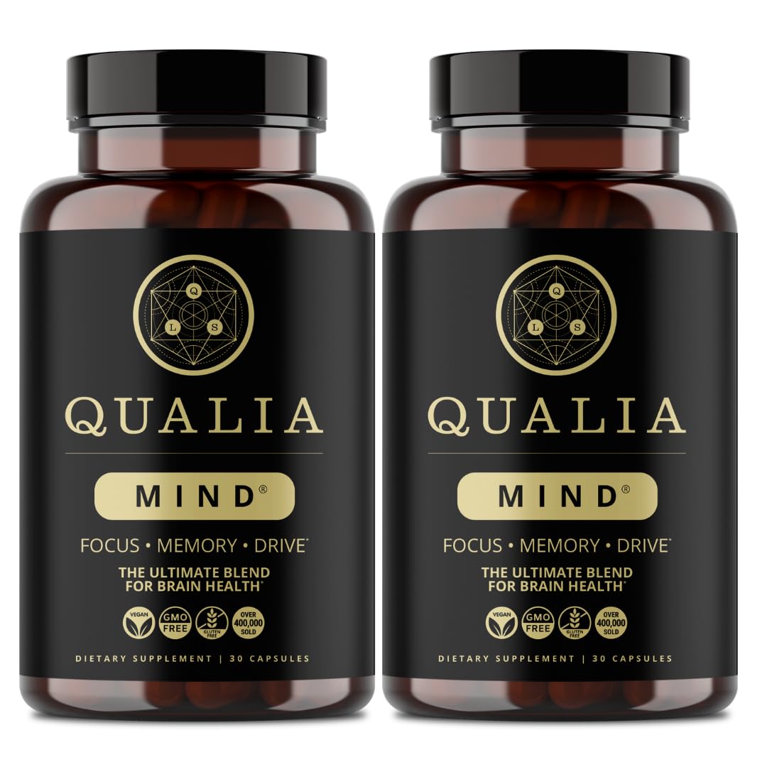 QUALIA LIFE SCIENCES frasco frontal de Qualia Mind mostrando diseño y beneficio de claridad mental