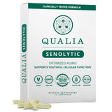 Qualia Senolytic vista frontal del empaque mostrando dos botellas y beneficios