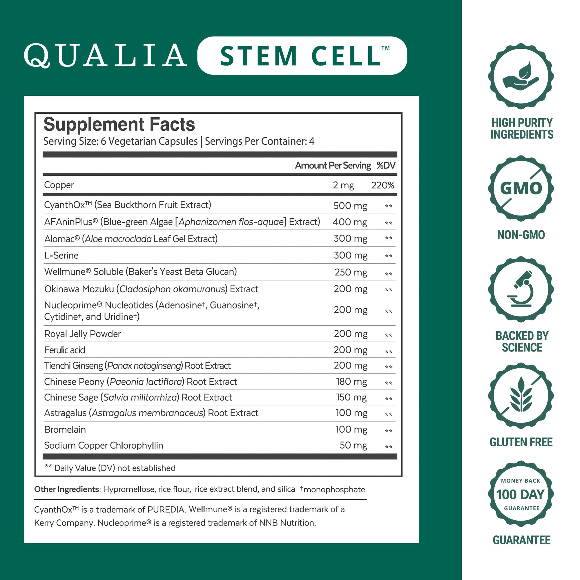 Qualia Stem Cell cápsulas en primer plano detallando textura y fácil ingestión