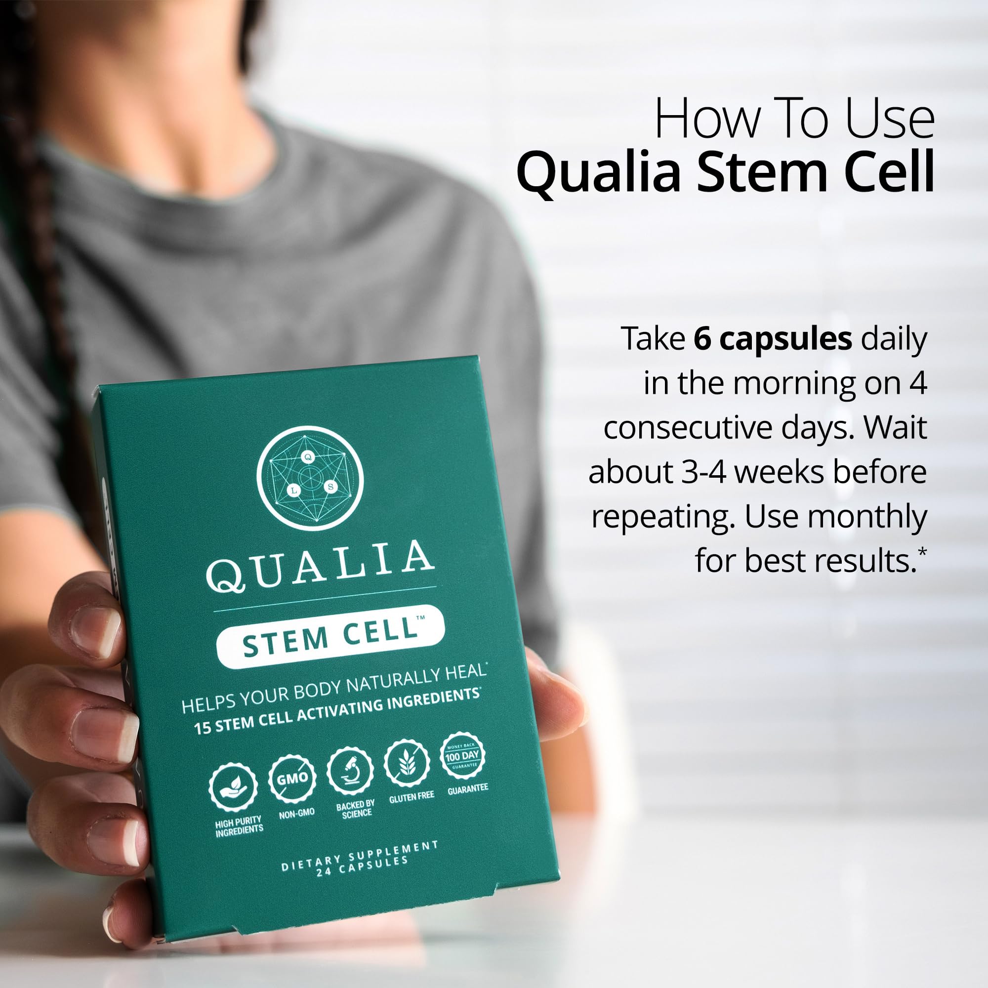 Qualia Stem Cell etiqueta con información nutricional y garantía de calidad