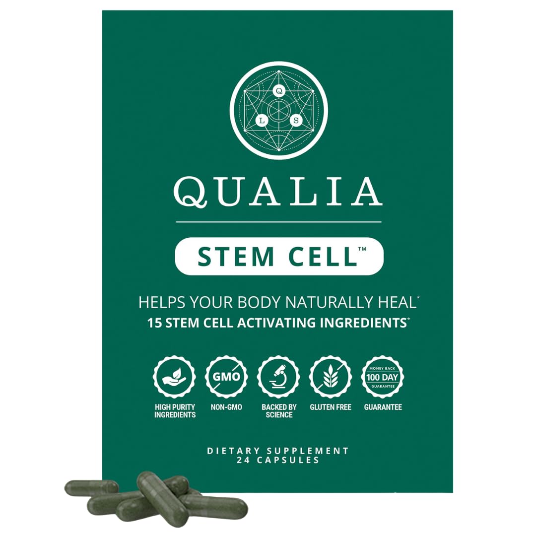 Qualia Stem Cell frente del envase mostrando diseño y beneficio de apoyo celular