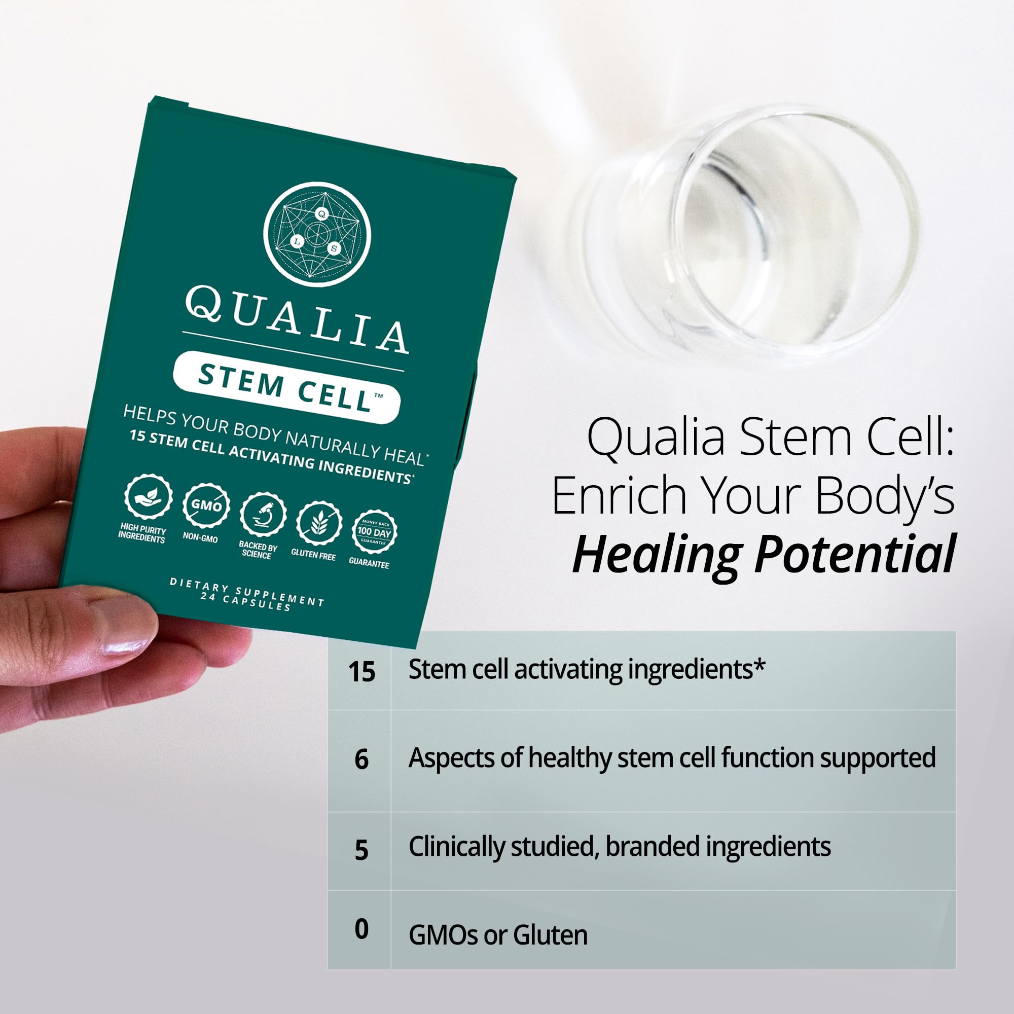 Qualia Stem Cell bote en mano ilustrando dosis y conveniencia de uso