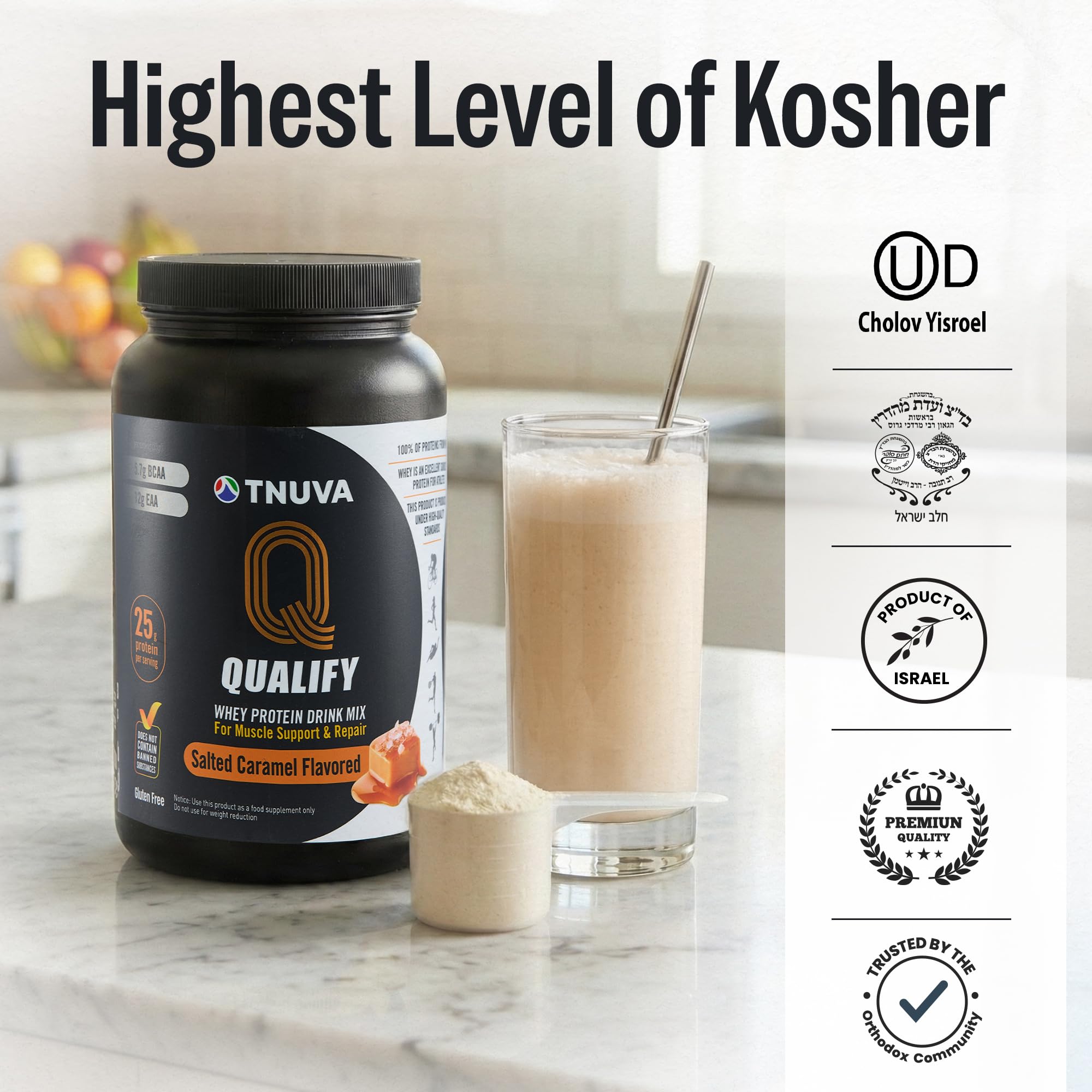 Qualify Tnuva en escena de gimnasio, complemento proteico para atletas activos