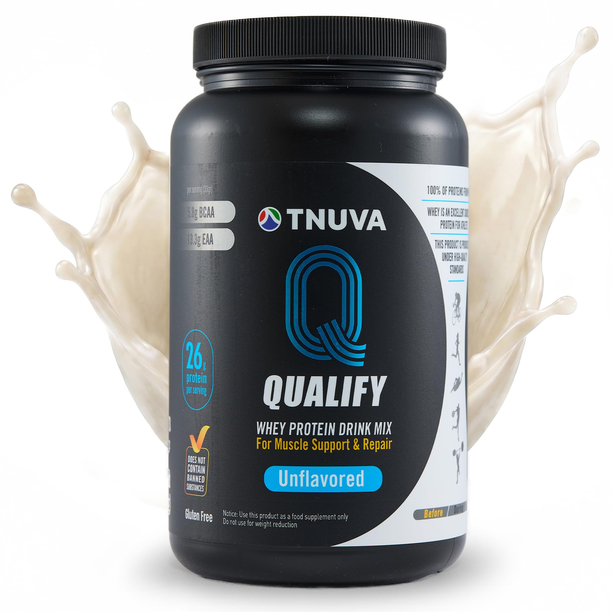 Qualify Tnuva frente del tubo mostrando etiqueta kosher y ventaja de proteína
