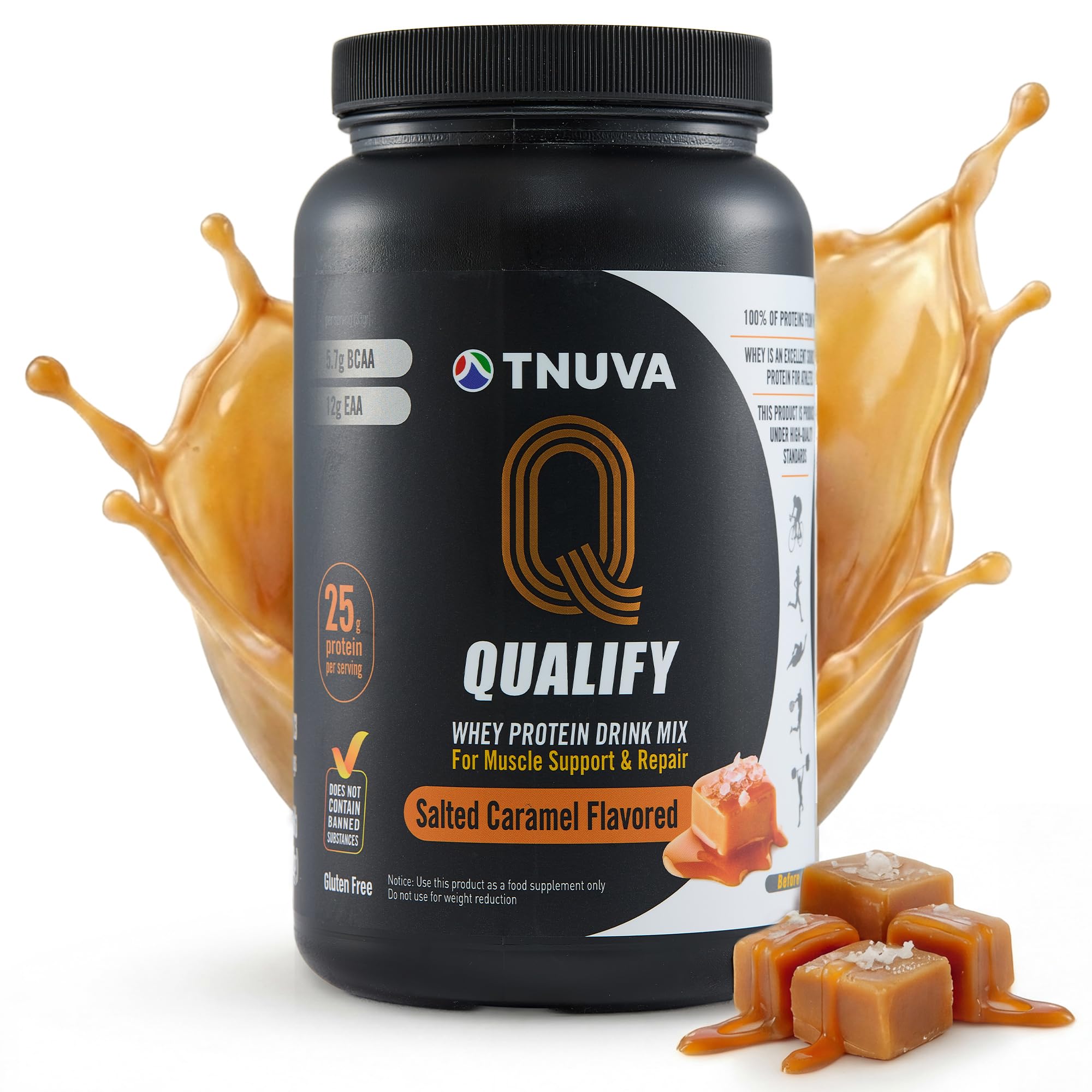 Qualify Tnuva frente del envase mostrando sabor caramelo salado y beneficio práctico