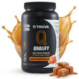 Qualify Tnuva frente del envase mostrando sabor caramelo salado y beneficio práctico
